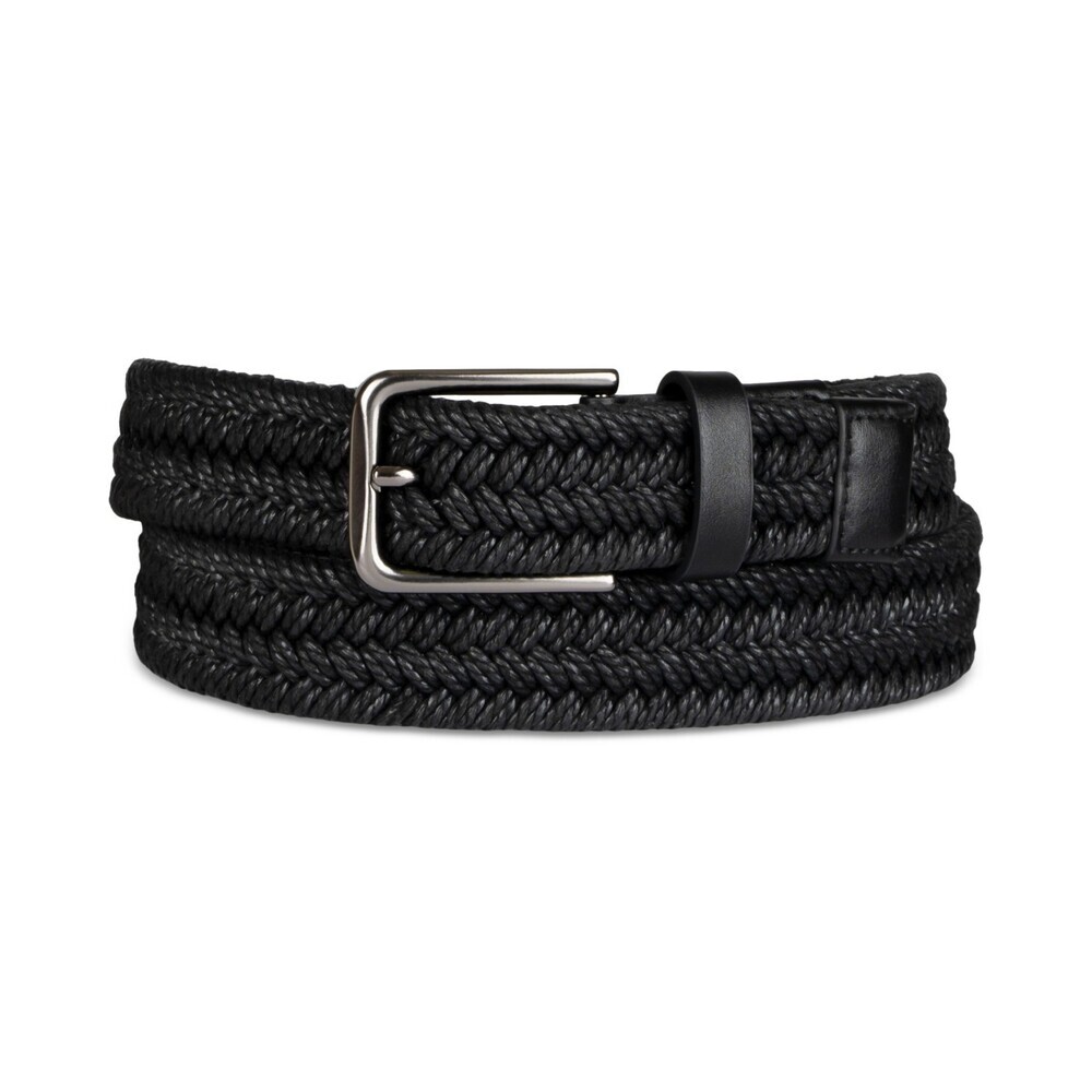 Alfani Web Belt Mens OS Black Silver-Tone Buckle Adjustable Waist Belt UPS555